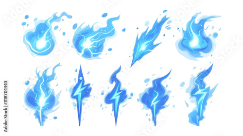 Cartoon lightning animation. Animated frames of electric strike, magic electricity and thunderbolt effect vector illustration set. Game asset collection of blue glowing storm bolts isolated on white