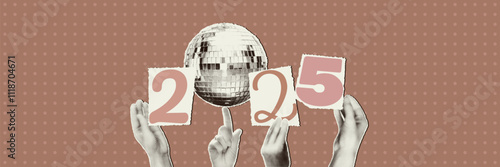 2025 New year art collage trendy banner with halftone cut out hands holding disco ball and numbers isolated on dotted mocha mousse color of the year background . Modern retro vector illustration