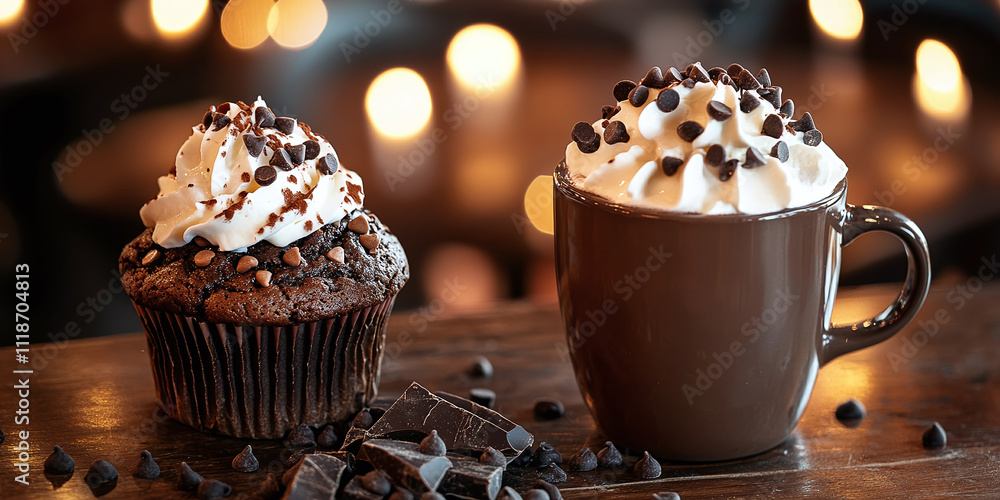 A delectable chocolate muffin rests beside a steaming cup of hot chocolate topped with whipped cream and sprinkled with chocolate chips. The cozy, inviting setting creates the perfect atmosphere A delectable chocolate muffin rests beside a steaming cup of hot chocolate topped with whipped cream and sprinkled with chocolate chips. The cozy, inviting setting creates the perfect atmosphere