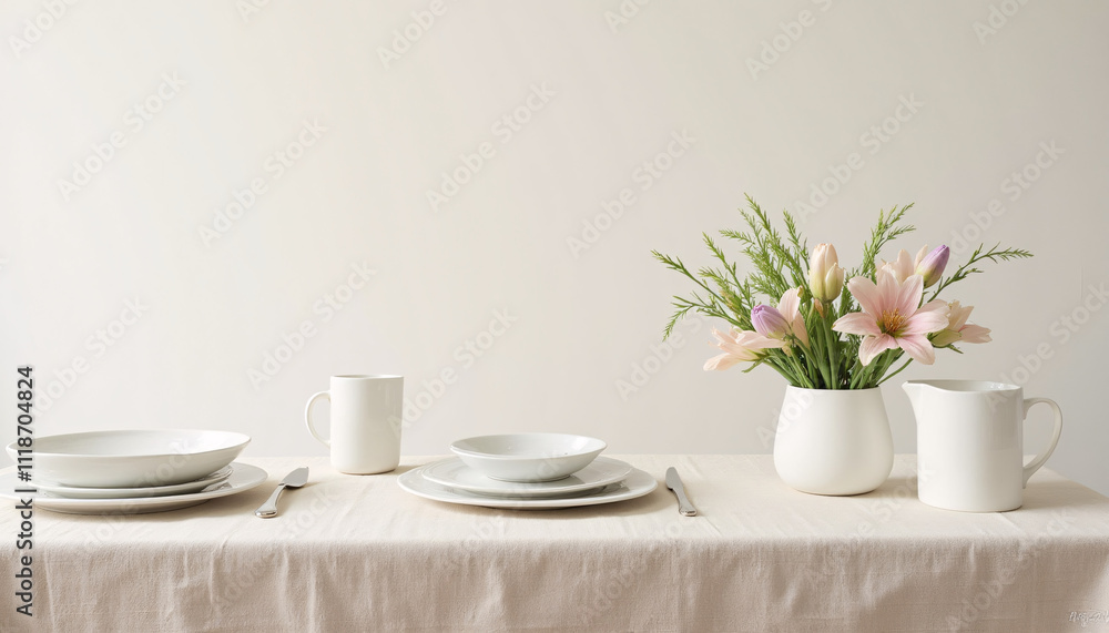 Contemporary White Table Setting with Pink Flowers and Beige Accents Contemporary White Table Setting with Pink Flowers and Beige Accents