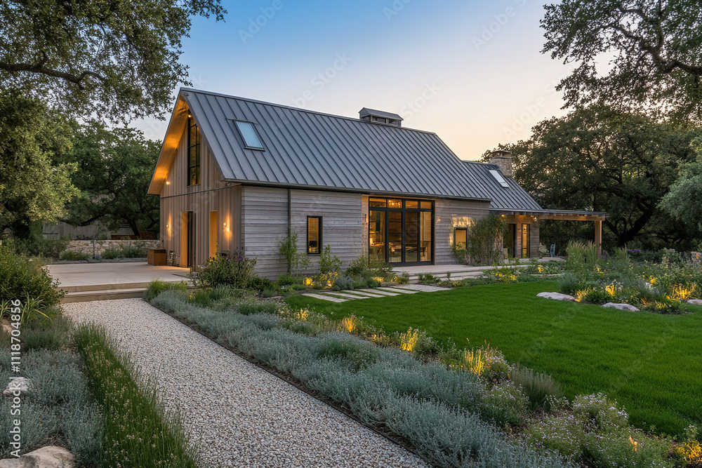 The exterior of an eco-friendly barn house in California, featuring a dark grey metal roof and modern architectural design with a green grass lawn surrounded by landscape lighting, captured at dusk. The exterior of an eco-friendly barn house in California, featuring a dark grey metal roof and modern architectural design with a green grass lawn surrounded by landscape lighting, captured at dusk.