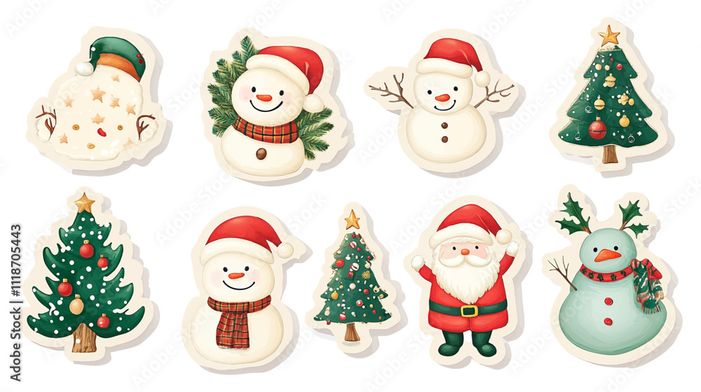 Christmas stickers, Santa Claus, snowman and Christmas tree, winter elements. isolated on white background Christmas stickers, Santa Claus, snowman and Christmas tree, winter elements. isolated on white background