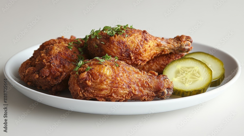 A plate of crispy fried chicken drumsticks garnished with herbs and served with pickles. A plate of crispy fried chicken drumsticks garnished with herbs and served with pickles.
