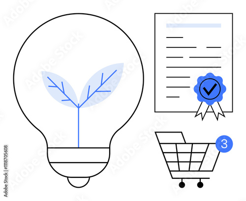 Light bulb with sprouting plant, certified document with checkmark ribbon, and shopping cart with three notification items. Ideal for innovation, sustainability, e-commerce, certification
