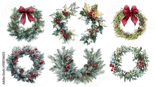 Set Watercolor Christmas floral frame or winter floral wreath consisting of flowers, leaves and branches. Frame vignette with a bouquet of flowers. Crown and Arch. Suitable for holiday invitation card