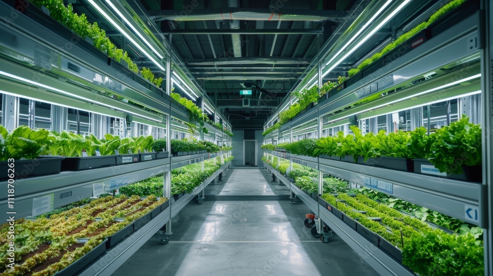 Obraz premium Vertical farming trays with green plants arranged neatly in rows. Concept of indoor agriculture and sustainable farming. For showcasing modern farming techniques