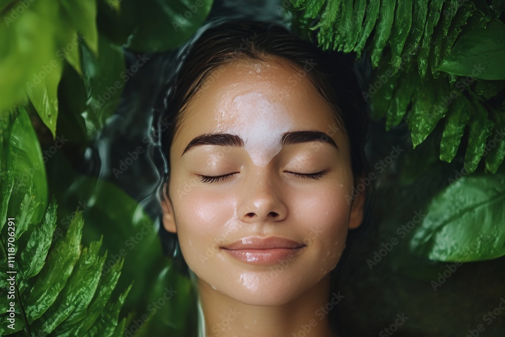 Woman enjoying relaxation and tranquility among lush green foliage in a serene setting Woman enjoying relaxation and tranquility among lush green foliage in a serene setting