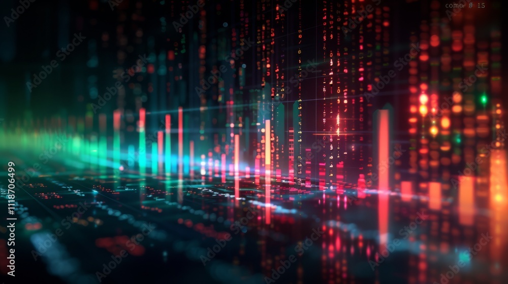 Colorful digital data streams in 3D space with vertical lines and numbers. Concept of technology and data analytics. For technology-themed backgrounds or presentations. Colorful digital data streams in 3D space with vertical lines and numbers. Concept of technology and data analytics. For technology-themed backgrounds or presentations.