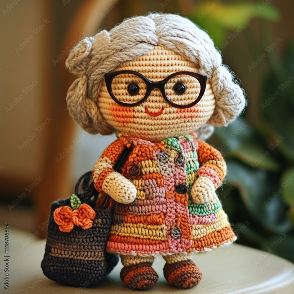 Fototapeta premium Crocheted handmade doll nice granny amigurumi craft decor design art photo object