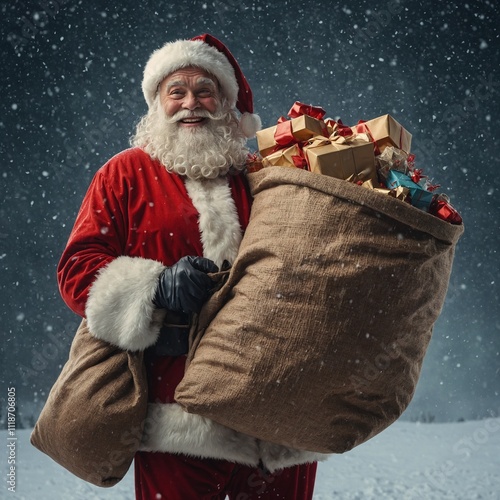 A cheerful Santa Claus holding a giant sack of gifts over his shoulder, with snow falling gently.