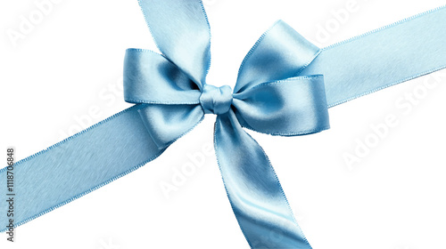 3D realistic diagonally sky blue silk cross ribbons with bow isolated on white background