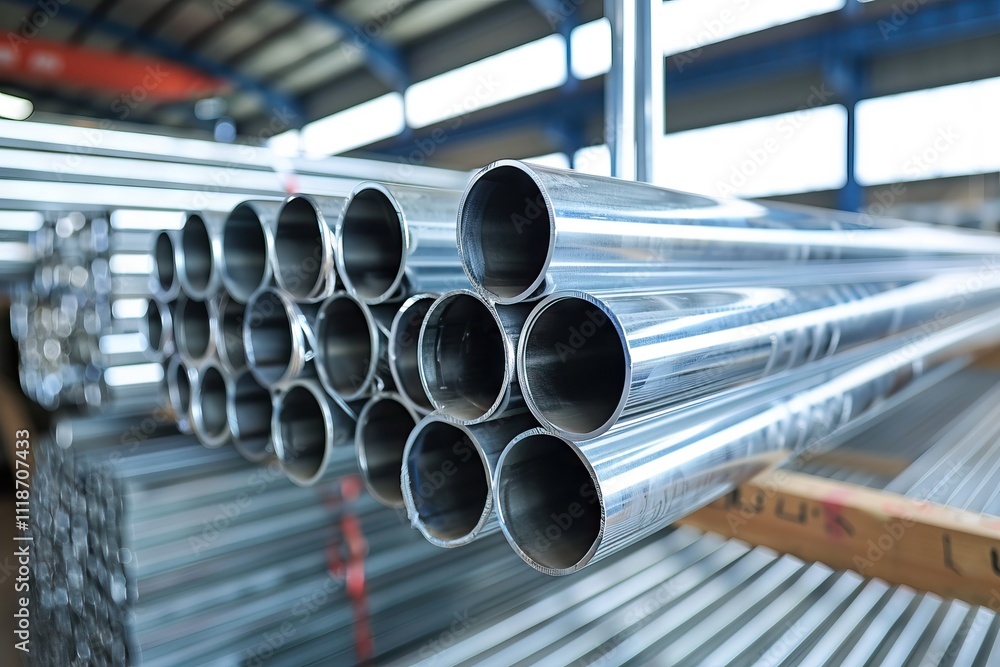 Galvanized aluminum chrome stainless pipes in warehouse for shipment.