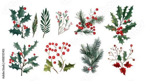 Watercolor Christmas symbols set. Hand painted winter plants, fir, red Christmas ball, holly, mistletoe. Holiday floral and objects vector illustration for design, print, background, greeting card.