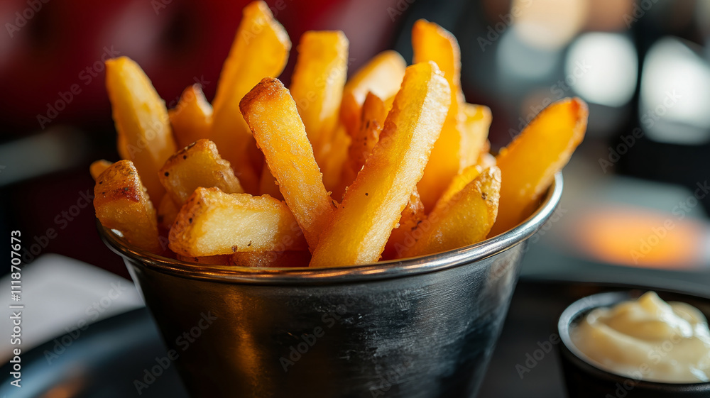 Crispy golden fries in a metal cup with sauce on side.