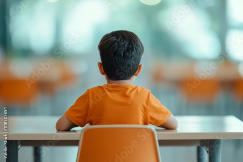 Young child sitting alone at a desk in a classroom during daytime learning photo