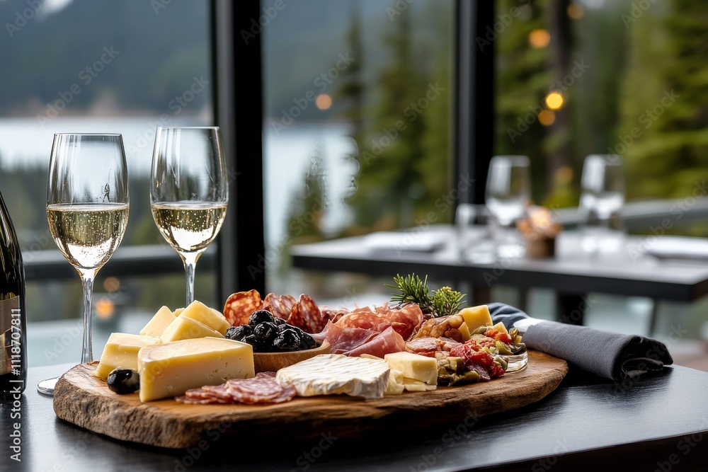 Enjoying a gourmet cheese and charcuterie platter with wine by the water Enjoying a gourmet cheese and charcuterie platter with wine by the water