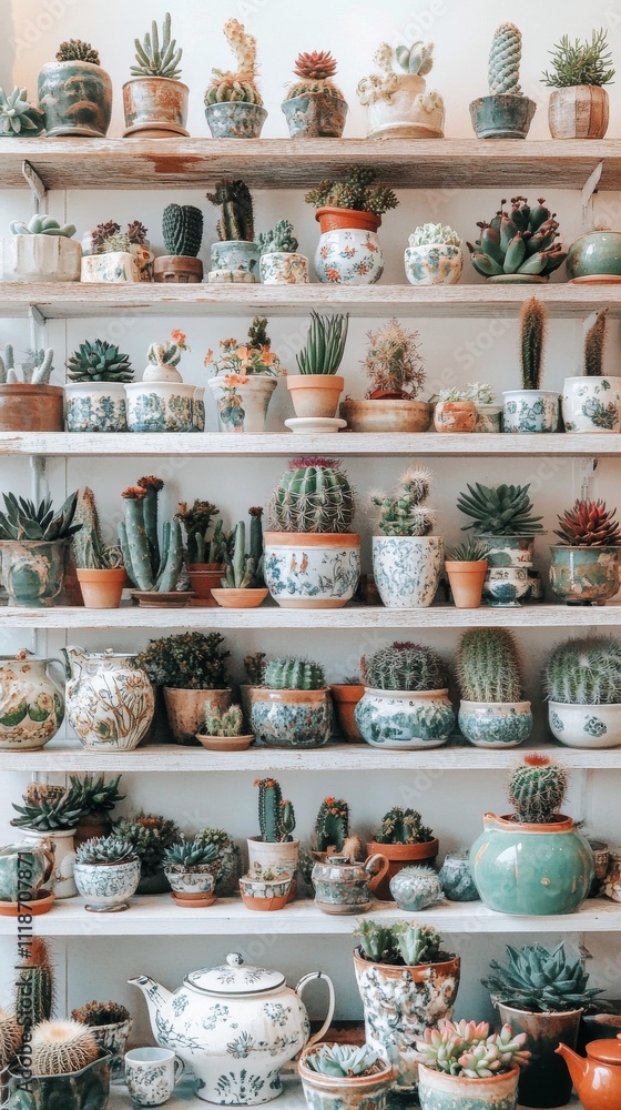 Indoor shelf filled with various succulent plants in decorative pots Indoor shelf filled with various succulent plants in decorative pots