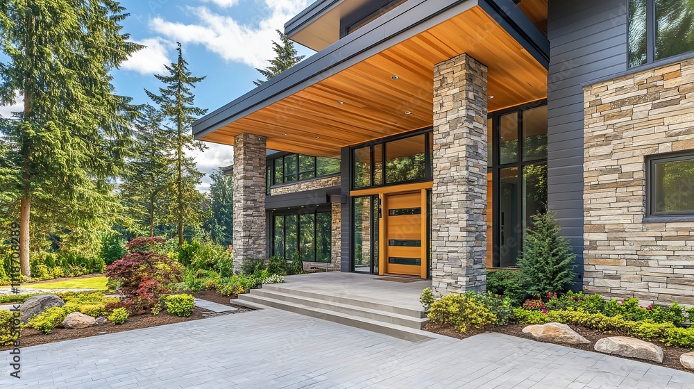 A beige siding house exterior with white trim, showcasing a timeless and elegant design, perfect for architectural and real estate visuals.