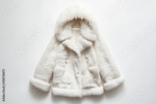 White faux fur women's hooded short coat, full-body view on white background, cruelty-free eco-friendly fashion ideal for branding and retail uses photo