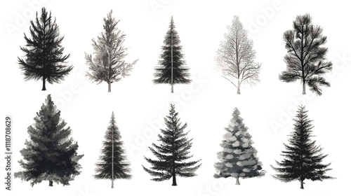 Christmas trees Vector watercolor illustration, Forest, fir trees, pine trees, woods watercolor illustration,festival set element decoration for postcard, poster, banner.