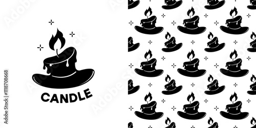 Candle and hat, combination of two objects. Template of sign or logo. Seamless background for printing on paper, packaging, souvenirs 