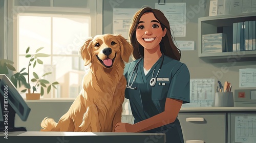 A joyful cartoon setting showing a veterinarian in uniform playing with an enthusiastic dog. The clinic's colorful walls and veterinary tools highlight a moment of happy recovery.

