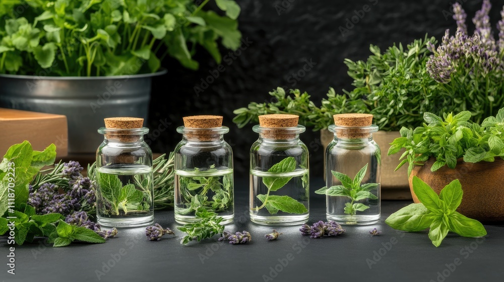 Five glass jars showcase a variety of fresh ingredients. Each container holds rosemary, blueberries, green leaves, purple flowers, and mint, creating a vibrant display. Five glass jars showcase a variety of fresh ingredients. Each container holds rosemary, blueberries, green leaves, purple flowers, and mint, creating a vibrant display.