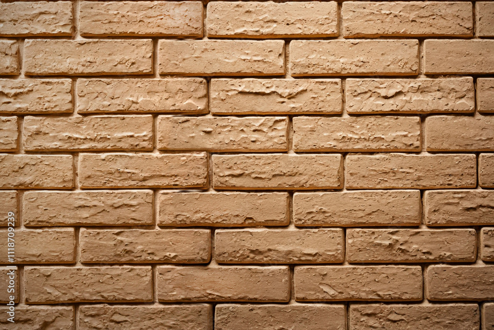 Fototapeta premium Light brown bricks form a textured wall surface. 