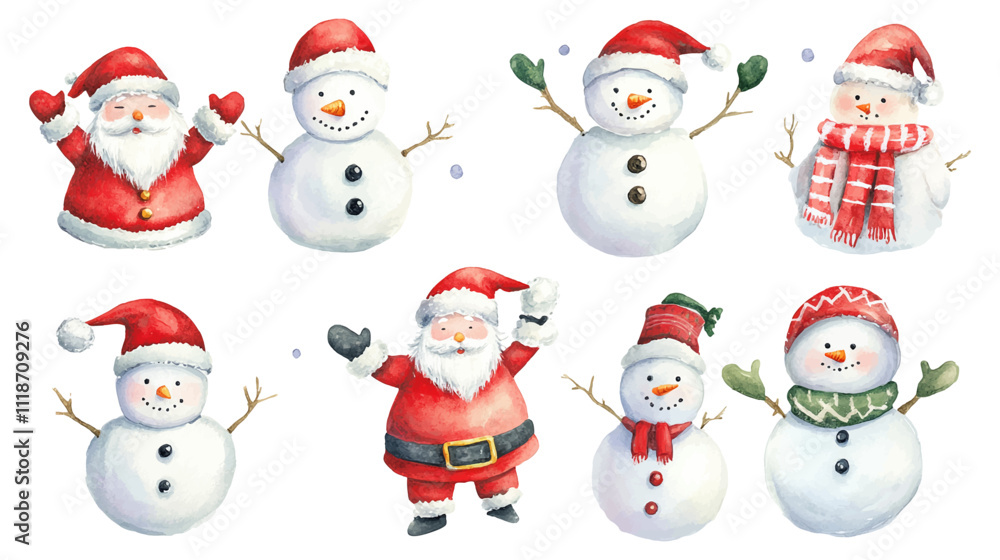 Set of watercolor white snowmen and santa claus isolated with watercolour white background. New year party decor, Christmas decorations vector illustration backdrop wallpaper Set of watercolor white snowmen and santa claus isolated with watercolour white background. New year party decor, Christmas decorations vector illustration backdrop wallpaper