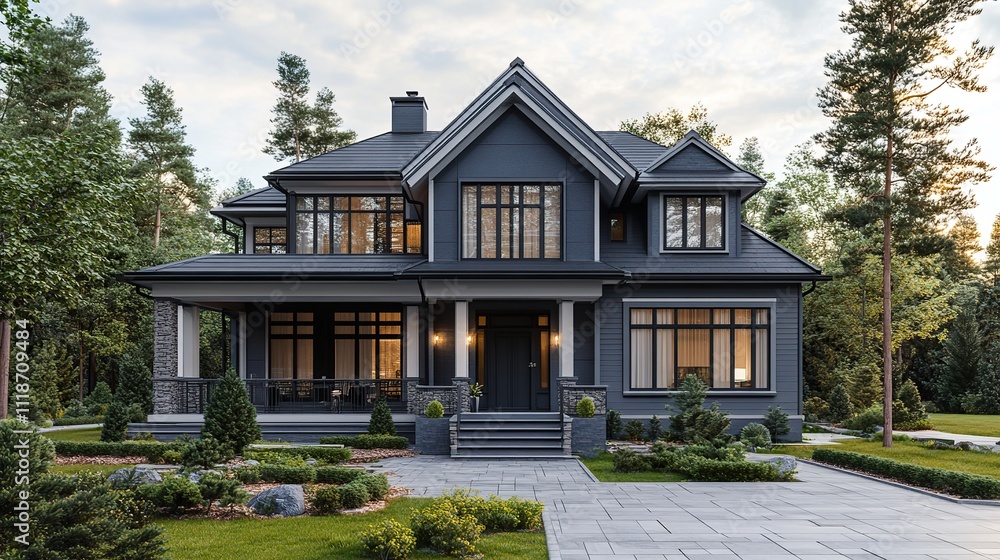 Fototapeta premium A beige siding house exterior with white trim, showcasing a timeless and elegant design, perfect for architectural and real estate visuals.