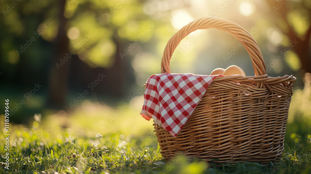 Picnic basket in a sunlit park setting. Picnic basket in a sunlit park setting.