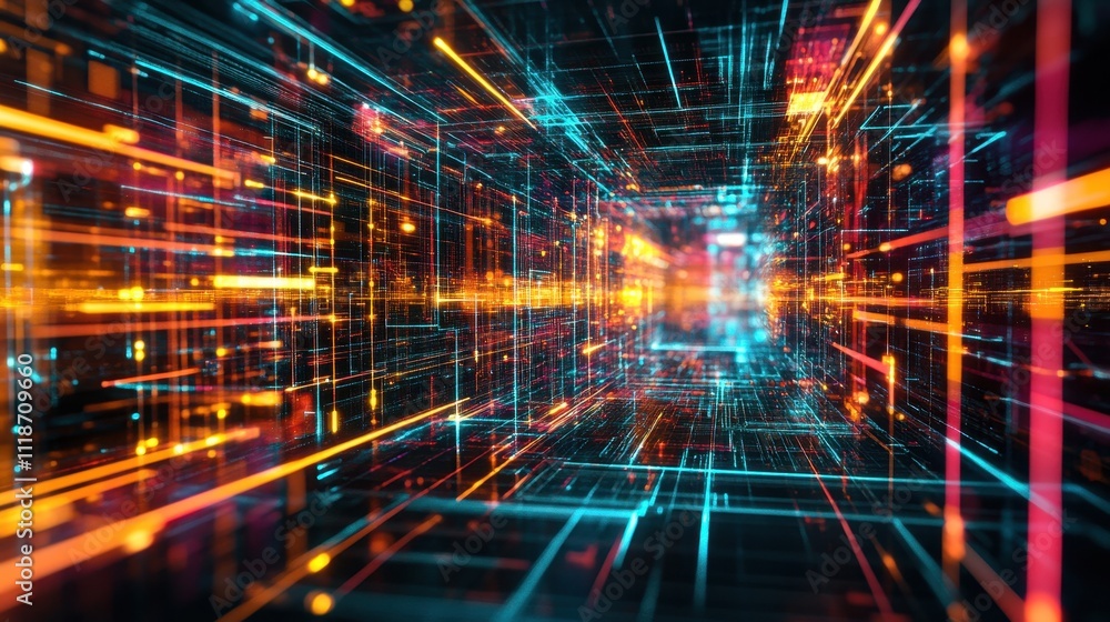 A vibrant, abstract representation of digital data flow in a futuristic environment. A vibrant, abstract representation of digital data flow in a futuristic environment.