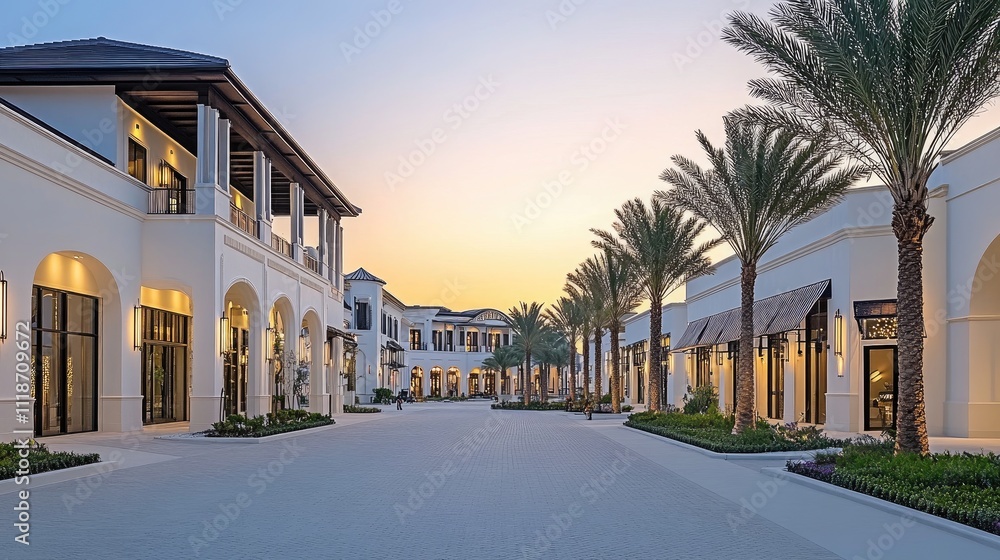 A winding road is framed by lush palm trees as the sun sets, casting warm hues across the sky in a serene suburban landscape during dusk. A winding road is framed by lush palm trees as the sun sets, casting warm hues across the sky in a serene suburban landscape during dusk.