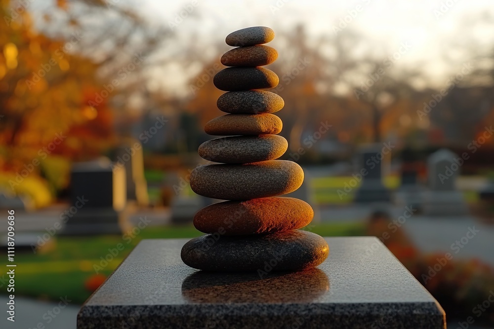 Obraz premium minimalistic clean photo of stack of small pebbles balanced on memorial slab under soft morning light