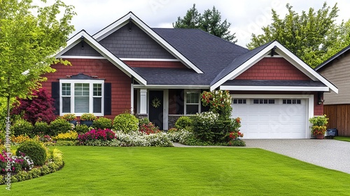 A beige siding house exterior with white trim, showcasing a timeless and elegant design, perfect for architectural and real estate visuals.