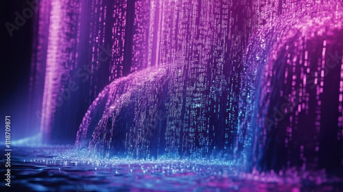 Abstract digital waterfall of glowing purple and blue data code.