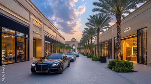 Wallpaper Mural A winding road is framed by lush palm trees as the sun sets, casting warm hues across the sky in a serene suburban landscape during dusk. Torontodigital.ca