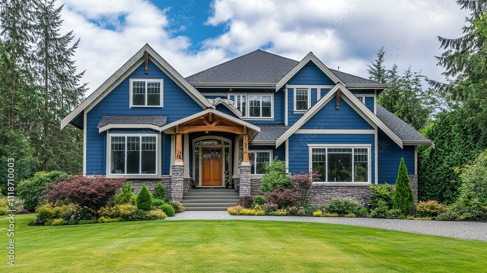 Obraz premium A beige siding house exterior with white trim, showcasing a timeless and elegant design, perfect for architectural and real estate visuals.