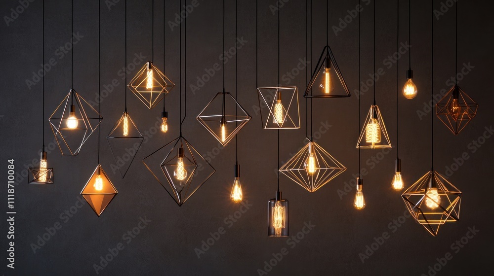 Geometric pendant lights illuminate a dark wall. Geometric pendant lights illuminate a dark wall.