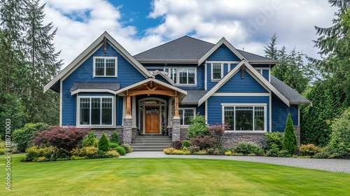 A beige siding house exterior with white trim, showcasing a timeless and elegant design, perfect for architectural and real estate visuals.