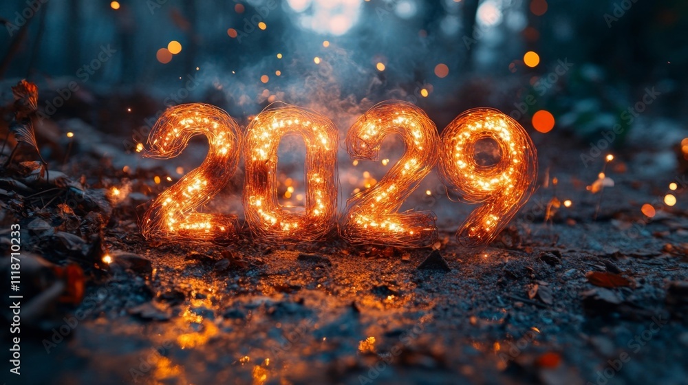 The number 2029 outlined in colorful lights with fireworks and falling confetti. Generative AI The number 2029 outlined in colorful lights with fireworks and falling confetti. Generative AI