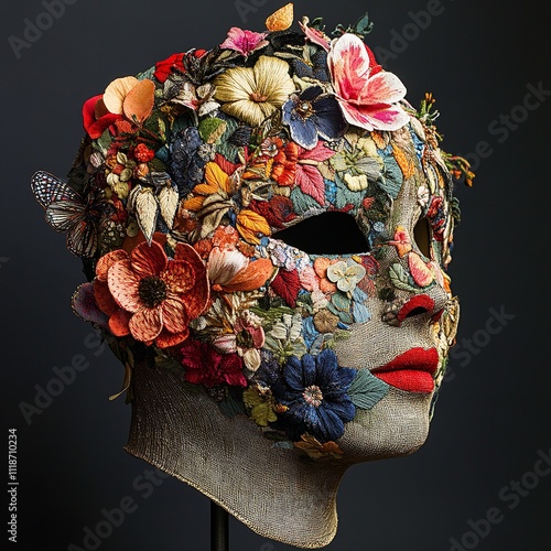 Elaborate mask made of fabric, nature inspired, layered embroidery photo