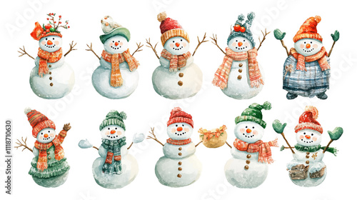 Snowman cartoon watercolor Illustration collection isolated on white background. Cheerful snowmen in different costumes. Winter holidays set vector