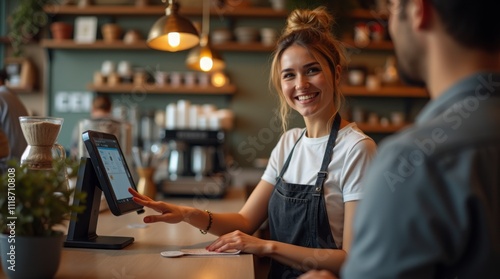 Portrait of Young Woman Working in Café with Modern POS System – High-Quality 4K Photography. Cheerful Barista at Coffee Shop Counter Using Touchscreen POS Terminal.