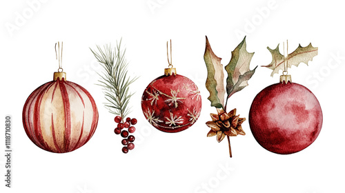 Watercolor Christmas decor set. Hand painted winter plants, fir, red Christmas ball, branches, pine, holly, mistletoe. Holiday winter vector illustration for design, print, background, greeting card.