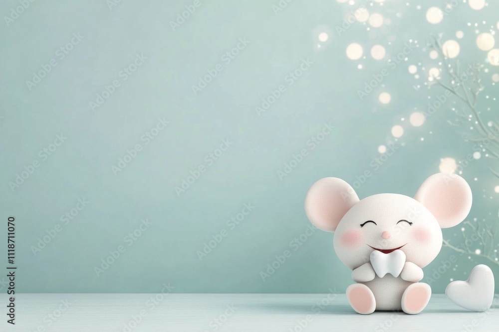 Cute plush mouse toy sitting happily on a soft blue background surrounded by sparkles Cute plush mouse toy sitting happily on a soft blue background surrounded by sparkles