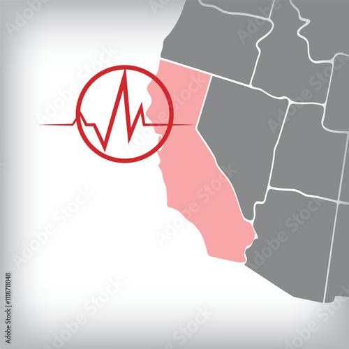 Earthquake, tsunami warning in California, USA. earthquake line and radial lines on the USA map