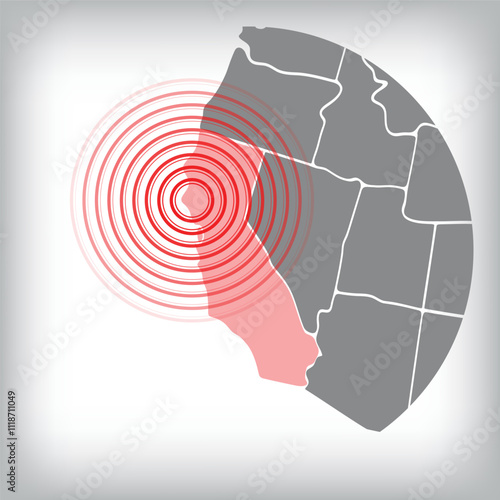 Earthquake, tsunami warning in California, USA. earthquake line and radial lines on the USA map