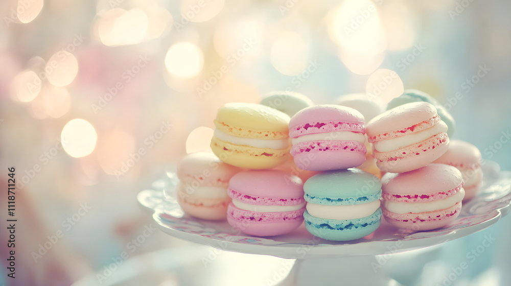 An Exquisite Display of Colorful Macarons on a Vintage Plate at a Charming French CafÚ An Exquisite Display of Colorful Macarons on a Vintage Plate at a Charming French CafÚ