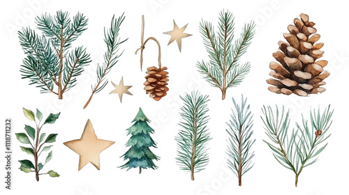 Watercolor Christmas decor set. Hand painted winter plants, fir, red Christmas ball, branches, pine, holly, mistletoe. Holiday winter vector illustration for design, print, background, greeting card.